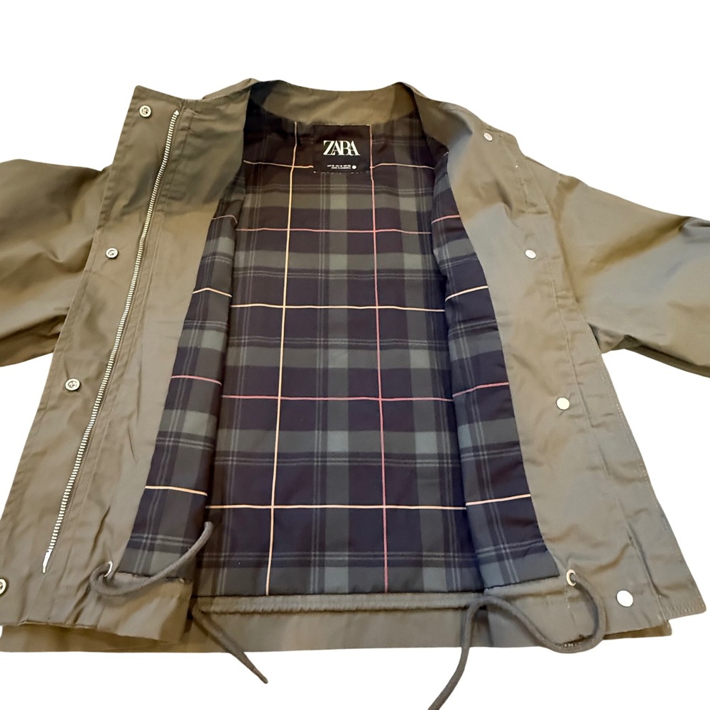 Zara Womens Medium Olive Green Plaid Lined Collarless Utility Jacket Boxy Fit